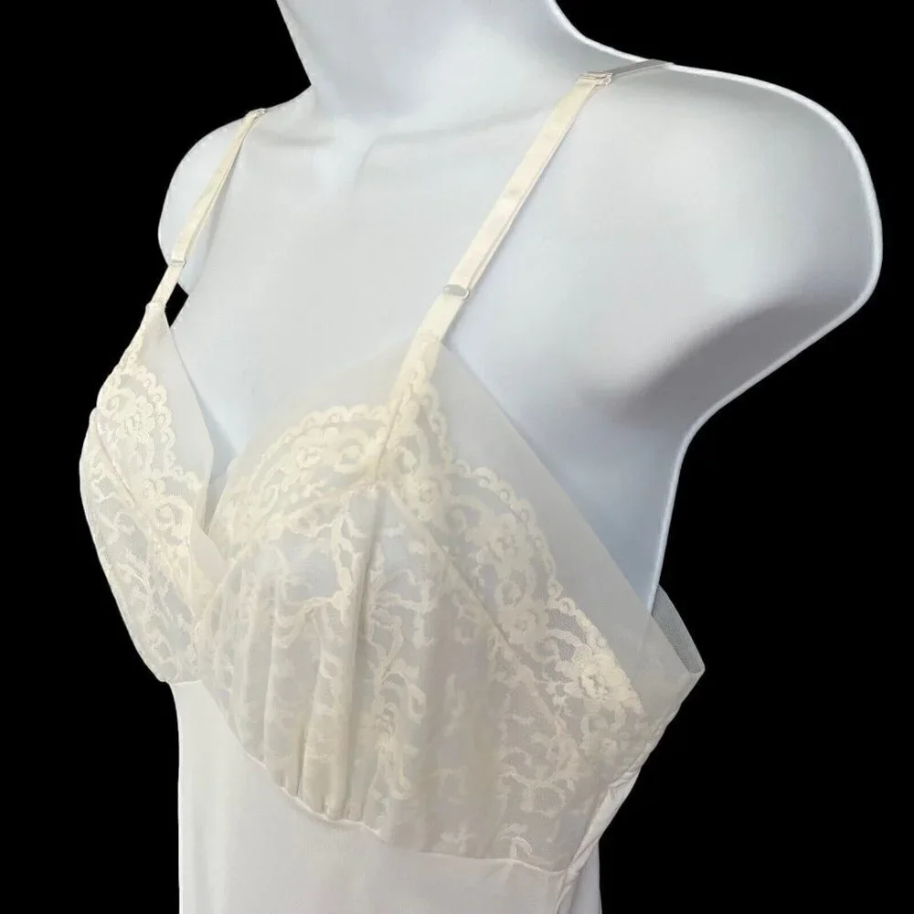 Vintage Henson Kickernick Ivory Nylon Lace Slip Midi Dress S Nightgown Bride